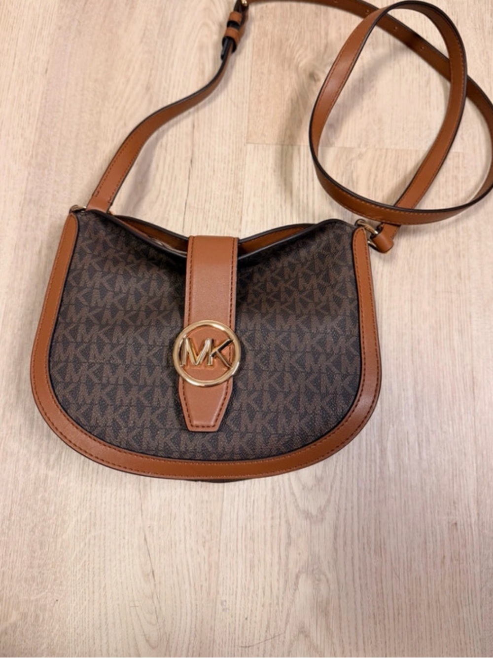Michael Kors Brown & Tan MK Logo Crossbody Saddle Bag